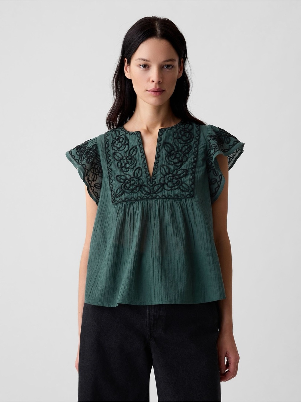 GAP Green Short-Sleeve Cotton Embroidered Top